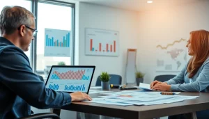 Biuro rachunkowe dla firmy budowlanej w nowoczesnym biurze, gdzie prowadzone są rozmowy finansowe i wykresy.