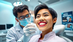 Teeth whitening malaysia dentist with a smiling patient in a modern clinic.