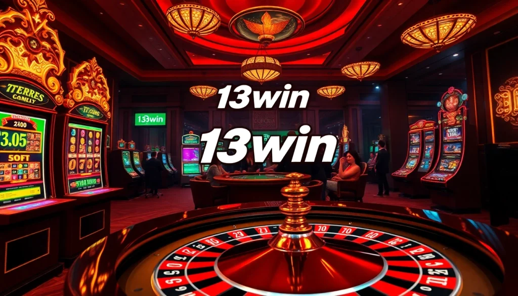 Exciting online gaming scene featuring 13win poker chips, slot machines, and roulette wheel.