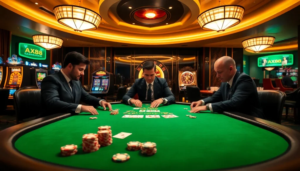 Engaged players at an AX88 poker table with vibrant chips and cards in a luxurious casino setting.