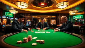 Engaged players at an AX88 poker table with vibrant chips and cards in a luxurious casino setting.