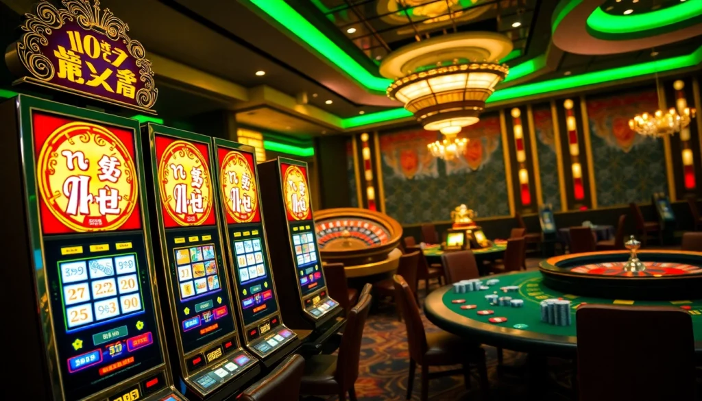 Win exciting jackpots in nổ hũ slot machines at a vibrant casino scene.