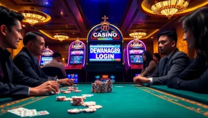Experience excitement with DEWANAGA89 LOGIN at a vibrant casino table featuring poker chips and cards.