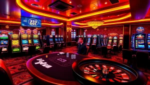 A casino gaming scene at 333bet featuring poker tables, slot machines, and a roulette wheel for an exciting gambling experience.
