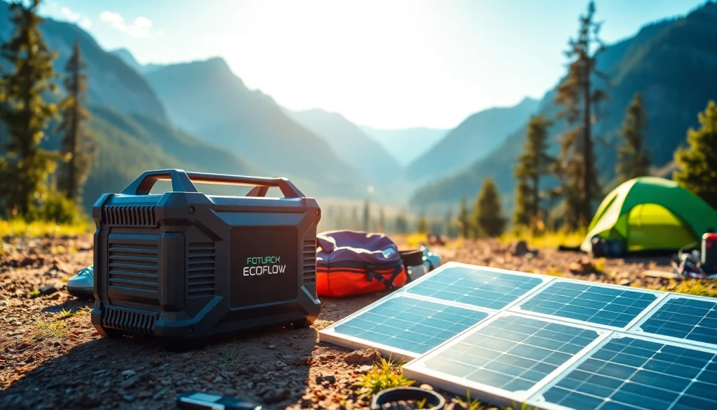 EcoFlow portable power station surrounded by nature and camping gear, showcasing eco-friendly energy.