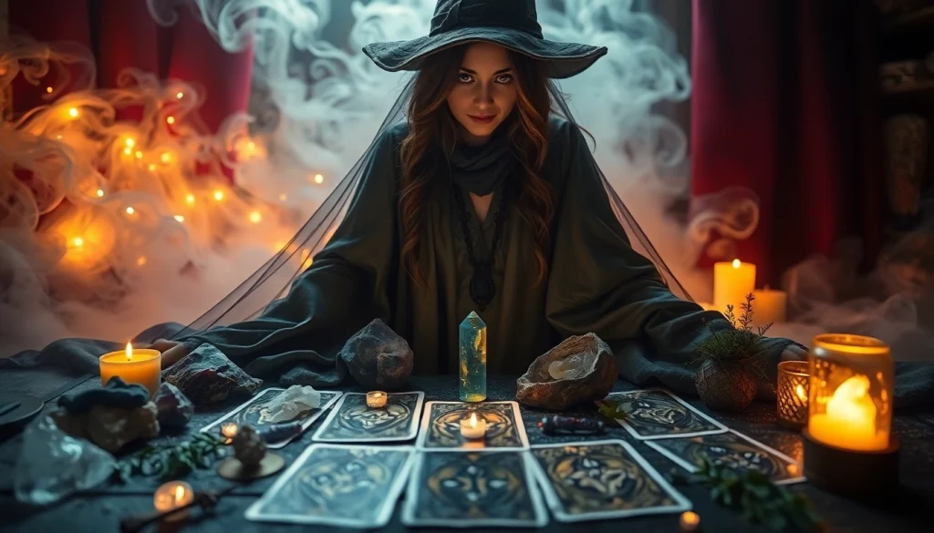 Engaging scene depicting a witch at https://julielynn.co with tarot cards and crystals, radiating tranquility.