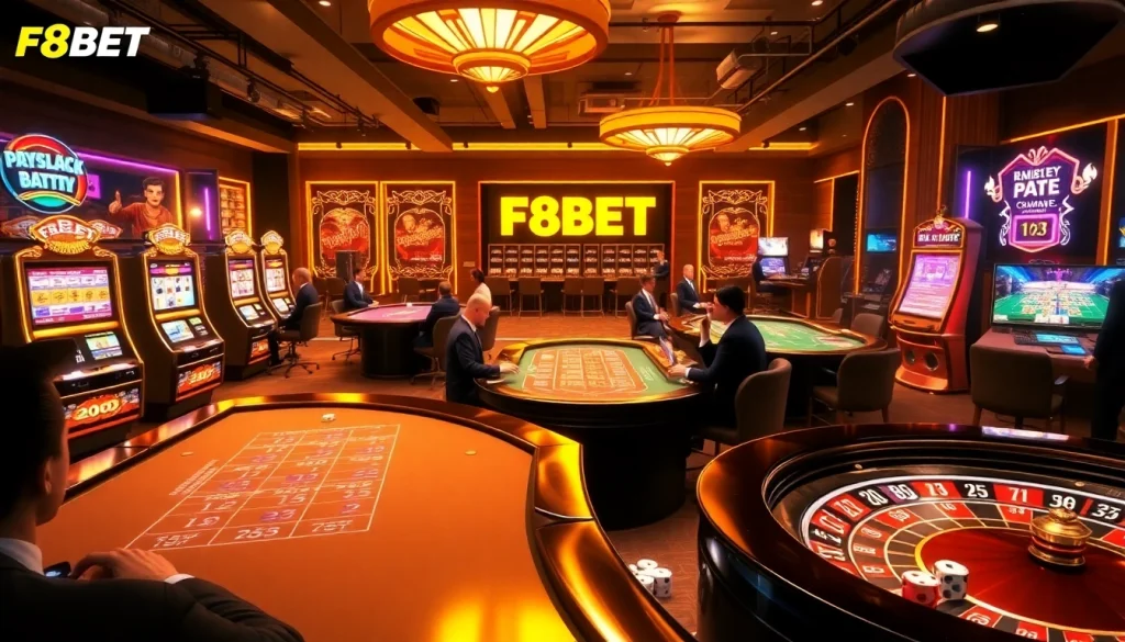 Engage with F8BET's thrilling online gambling experience featuring vibrant casino visuals.