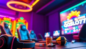 Permainan QQSLOT777 dengan mesin slot berwarna cerah dan aksesori gaming menarik.