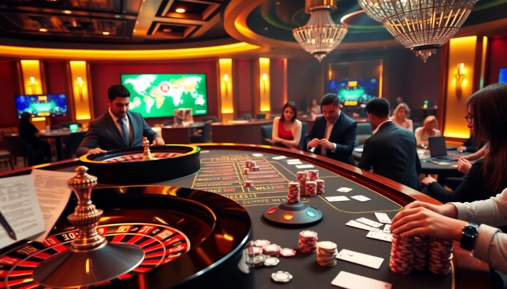The dynamic scene of a casino at https://789b.win/ showcasing roulette wheels and betting slips in a vibrant setting.