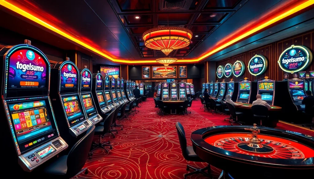 Kasino Togelsumo yang hidup menampilkan mesin slot mewah dan atmosfer permainan yang mendebarkan.