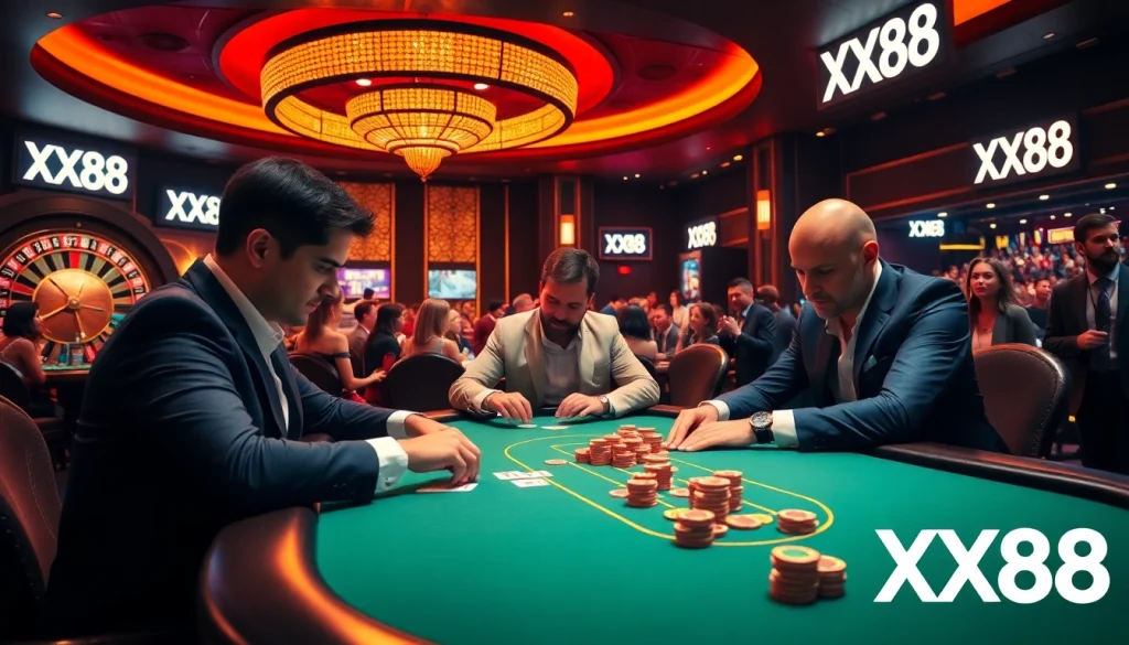 Players strategize at a vibrant XX88 poker table in an exciting casino atmosphere.