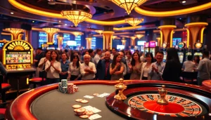 Experience the excitement of Nhà Cái S8 at a vibrant casino scene with gamblers at poker tables and slot machines.