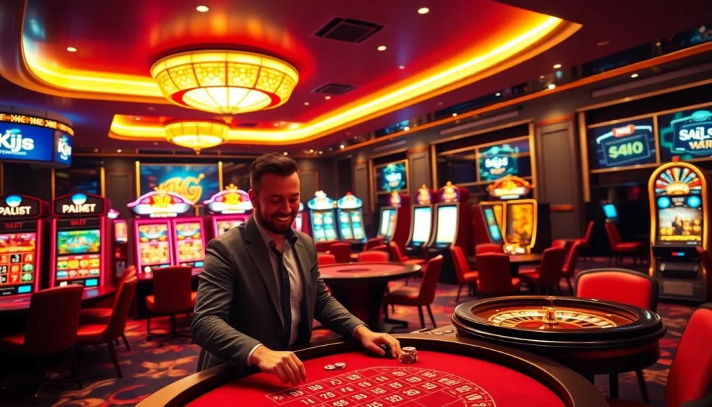 Players enjoying a luxurious gaming experience at KJC online casino with vibrant slot machines.