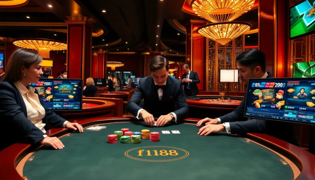 Players enjoying high-stakes poker at f168 casino, showcasing excitement and luxury.