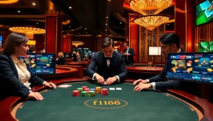 Players enjoying high-stakes poker at f168 casino, showcasing excitement and luxury.
