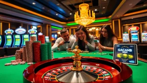 Players enjoying games at Nhà cái GACAM888, showcasing a vibrant casino atmosphere with tables and slot machines.