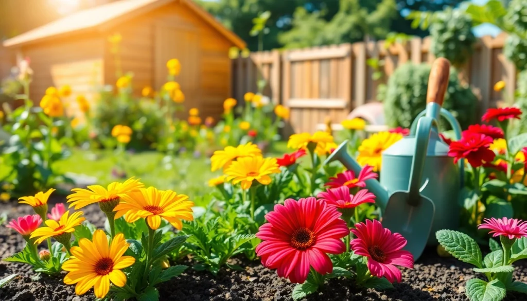 Engaging gardening scene showcasing colorful flowers and tools in a vibrant backyard.