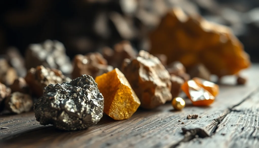 Showcasing different Ore specimens highlighting their textures and colors on a wooden table.