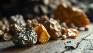 Showcasing different Ore specimens highlighting their textures and colors on a wooden table.