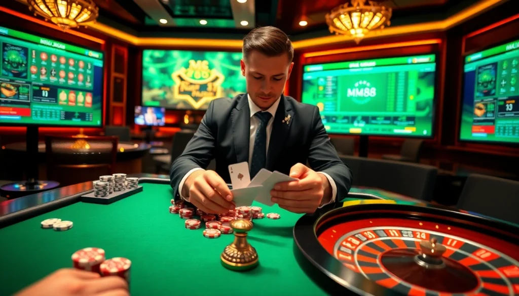 Experience the excitement of MM88 in a vibrant online casino scene featuring a professional dealer and electrifying gambling action.