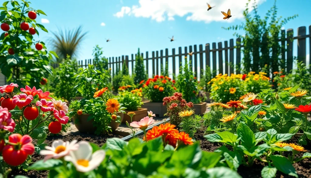 Gardening in a vibrant vegetable garden with colorful plants and flowers in full bloom.