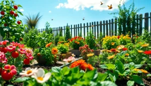 Gardening in a vibrant vegetable garden with colorful plants and flowers in full bloom.