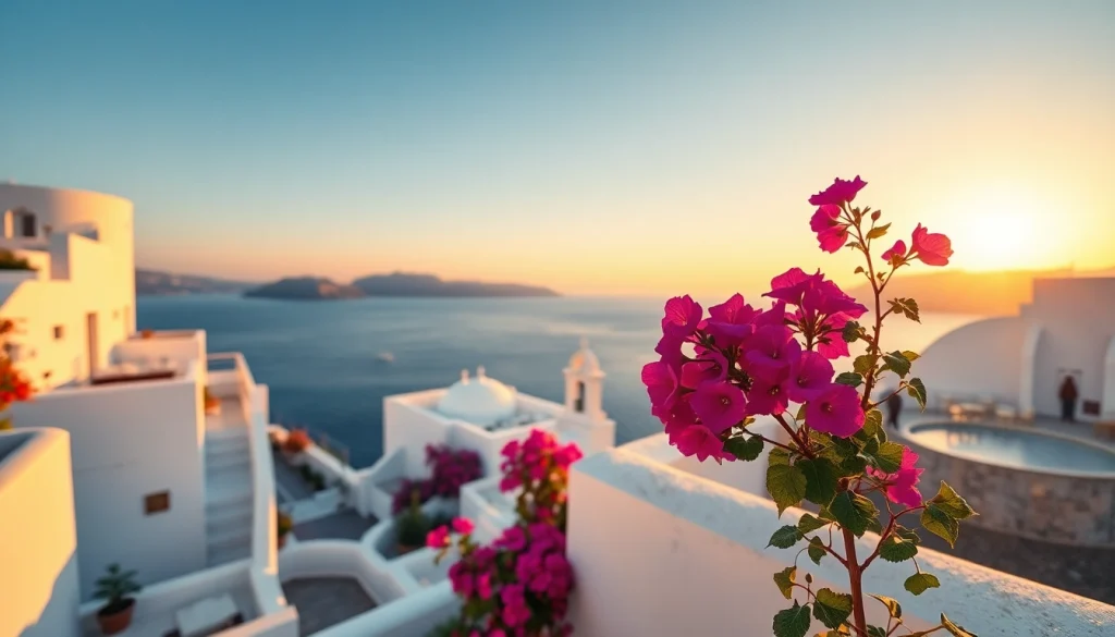 Travel destinations: enchanting sunset view of Santorini's iconic architecture and beautiful coastline.