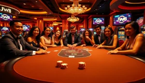 JW8 poker game in an upscale casino with players immersed in action.
