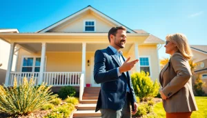 Real Estate agent engaging with clients outside a charming suburban home.