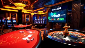 Nohu90 casino scene with vibrant slot machines and elegant poker tables, radiating luxury and excitement.