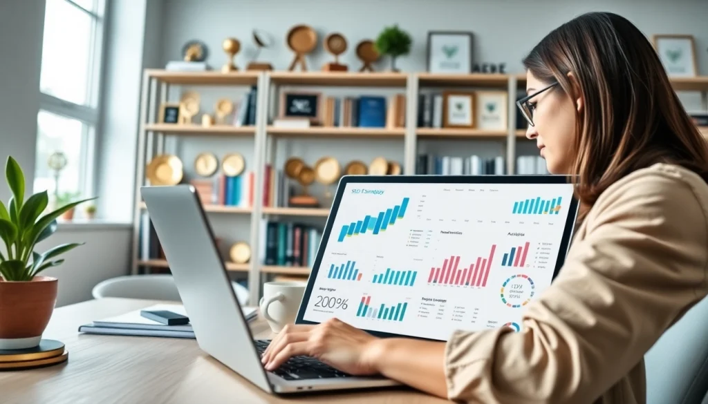 Analyze SEO strategies in a professional office with dynamic lighting and engaging metrics.