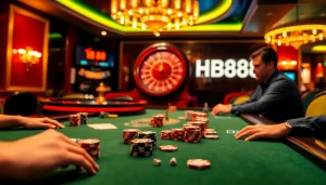 High-stakes poker game at HB 88 casino with players, cards, and vibrant lighting.