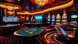 Exciting gameplay at Superbet casino, featuring poker tables, colorful chips, and a roulette wheel.