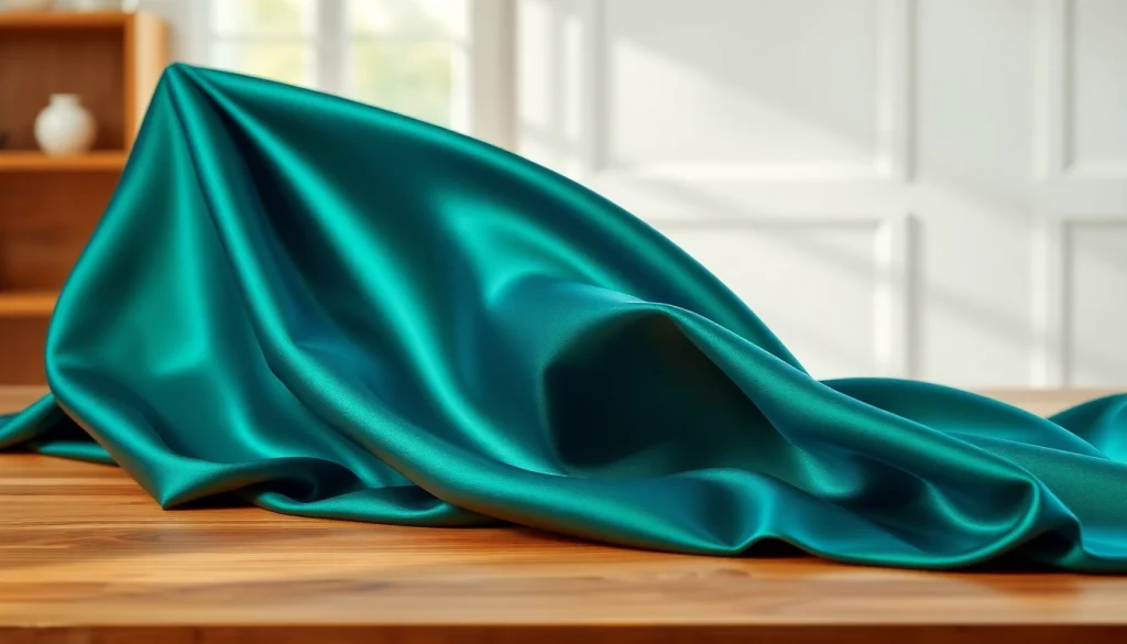 Bekijk satijn stof dat elegant over een tafel valt met een glanzende afwerking.