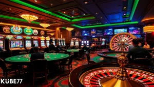 Kubet77 casino scene with players enjoying poker, vibrant slot machines, and roulette wheel.