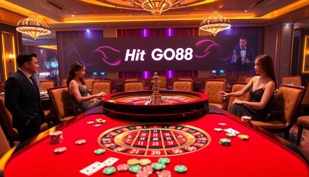 Experience the excitement of gambling at Hit Club GO88 with a luxurious casino scene featuring roulette and eager players.