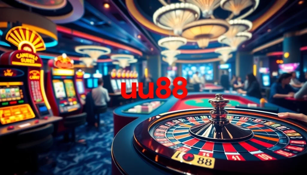 uu88 logo illuminated on a buzzing casino floor with roulette, cards, and poker chips.