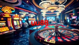 uu88 logo illuminated on a buzzing casino floor with roulette, cards, and poker chips.