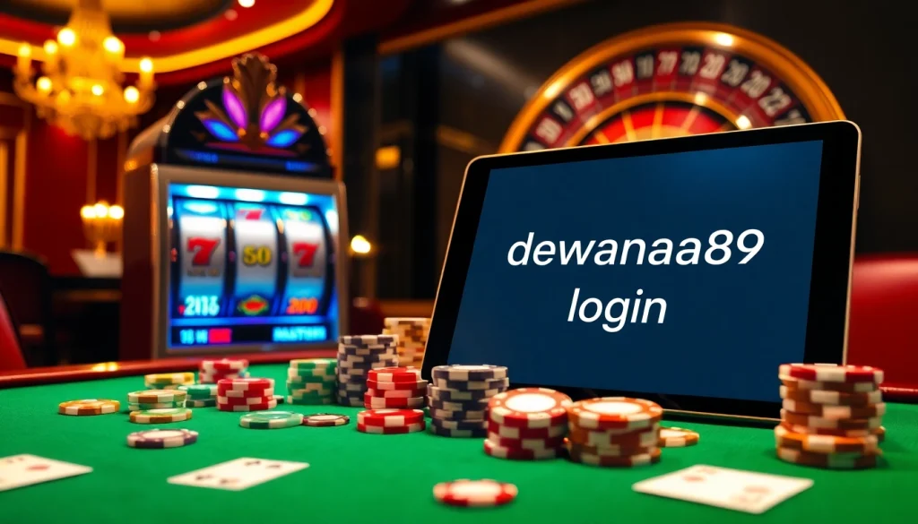 Login Dewanaga89 pada tablet di tengah elemen kasino yang berwarna-warni seperti mesin slot dan chip poker.
