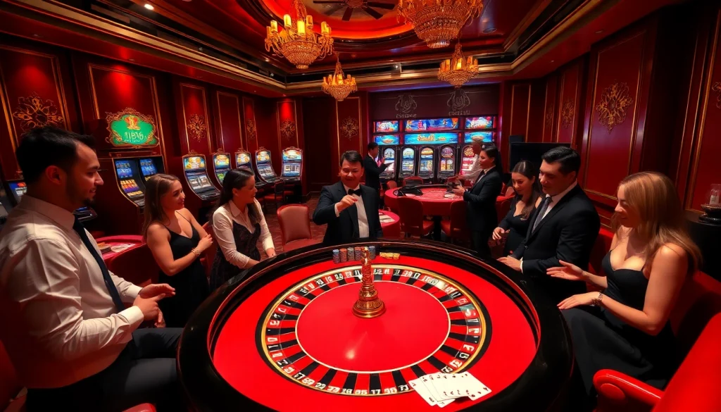 Players enjoy a thrilling game at f168 casino with vibrant roulette and poker scenes.