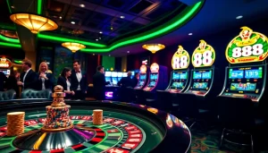 Engage in RR88 Đăng nhập at a luxurious casino with vibrant slot machines and enthusiastic players.