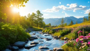 Feel the flow of natures beauty in a serene forest landscape with a sparkling stream and vibrant flora.