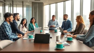 Collaborative team integrating WhatsApp Business CRM in a modern office setting