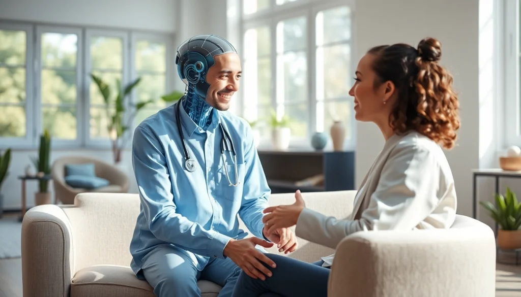 AI Therapist offering compassionate support in a calming office environment.