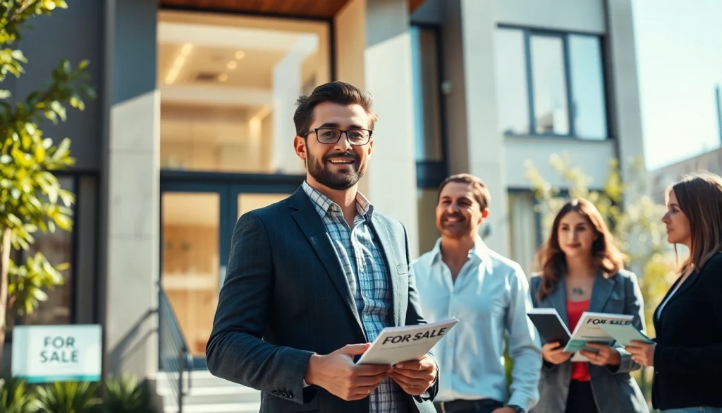 Showcasing real estate with a professional agent in a modern urban setting.