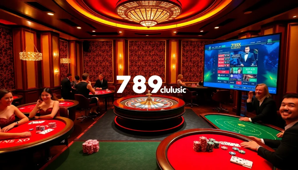 Engage with 789club.music at a vibrant casino featuring roulette and poker tables.