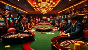 Engaging players experience thrilling bets at https://f122.com.br/, surrounded by casino tables, cards, and roulette.