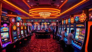 Pemain menikmati pengalaman slot DEWANAGA89 yang mendebarkan di lingkungan kasino yang hidup.