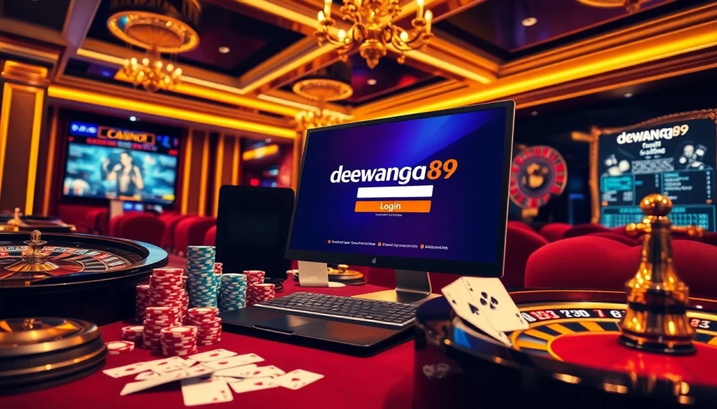 Login Dewanaga89 pada antarmuka permainan mewah yang dikelilingi elemen kasino seperti chip poker.