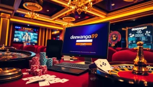 Login Dewanaga89 pada antarmuka permainan mewah yang dikelilingi elemen kasino seperti chip poker.